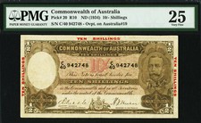 Australia 10 Shillings Riddle/Sheehan ND (1934) Pick-20 R-10 Very Fine PMG 25