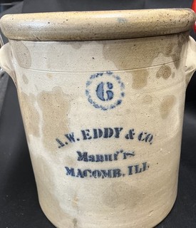 Salt glazed 6 Gallon Macomb crock A.W. Eddy & Co. Macomb Ill.