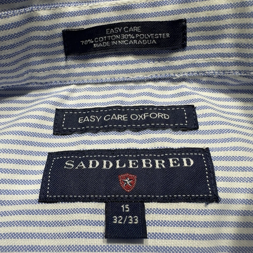 Saddlebred 正装衬衫男式 15 32/33 蓝色条纹长袖纽扣牛津 — 第 3/4 张图片