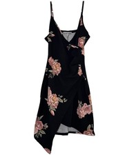 Almost Famous Floral Asymmetrical Faux Wrap Dress Black Pink Size L Large