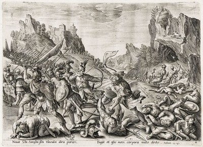 A. Wierix / M. de Vos Samson Philistines Bible Bibel Kupferstich engraving 1600