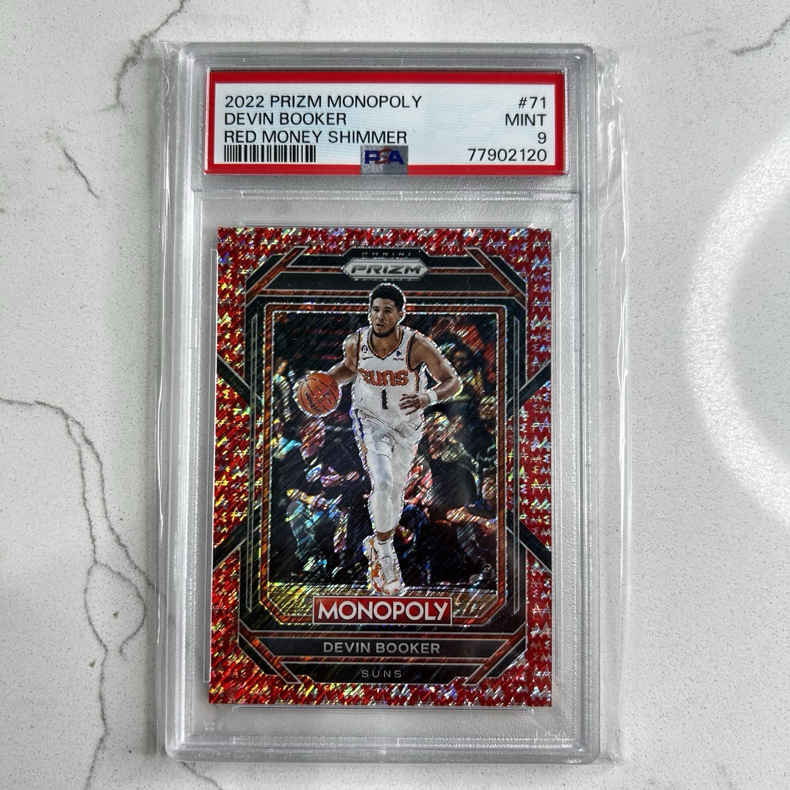 2022 Panini Prizm Monopoly Devin Booker #71 Red Money Shimmer /100 PSA 9