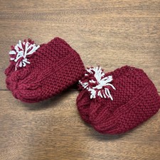 2 Matching Pairs Chunky Hand Knit Slippers Women's M-L Red Maroon White Pom Poms