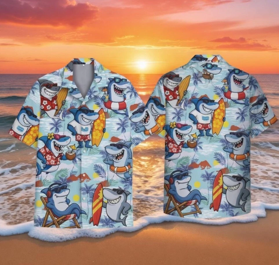 Tropical Shark Hawaiian Shirt, Retro Surfing Beach Button Down