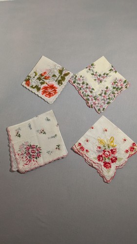 4 Vintage 1950s Floral Scalloped Linen Handkerchiefs Grandma/ Cottage Core