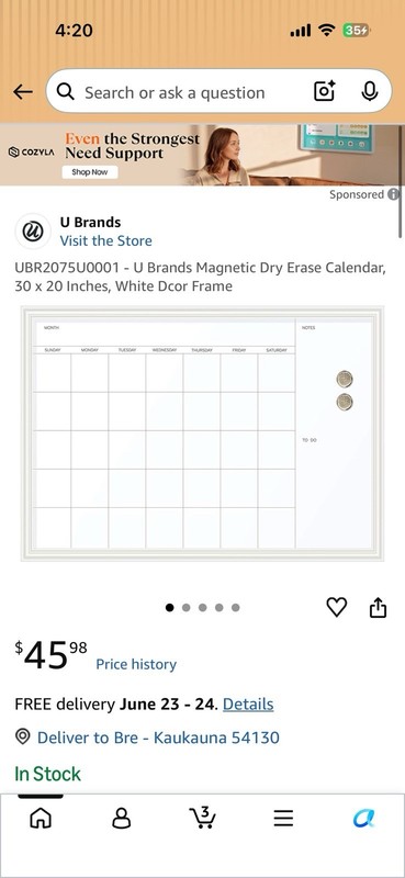 U Brands Magnetic Glass Dry Erase Calendar Board 30 x 20 in White Frame