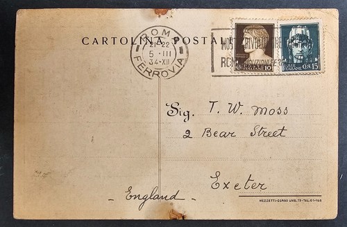 1934 Italy Radio Auditions Card 1RO/2RO ties 2 stamps cd Roma-Exeter - Picture 2 of 3