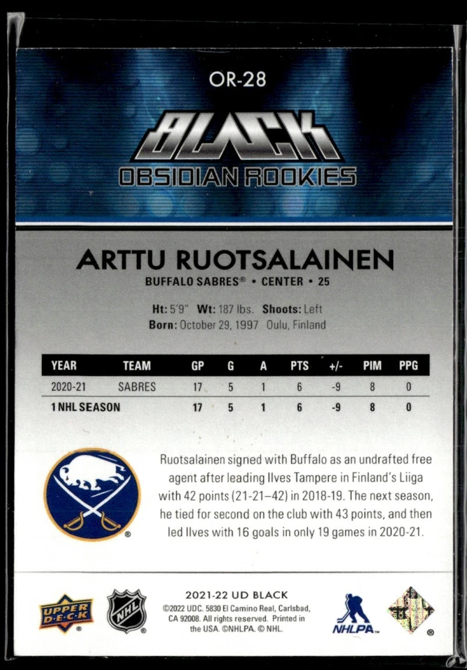 2021-22 SPx UD Black Obsidian Rookies Arttu Ruotsalainen 222/349 #OR-28 - Image 2 of 2