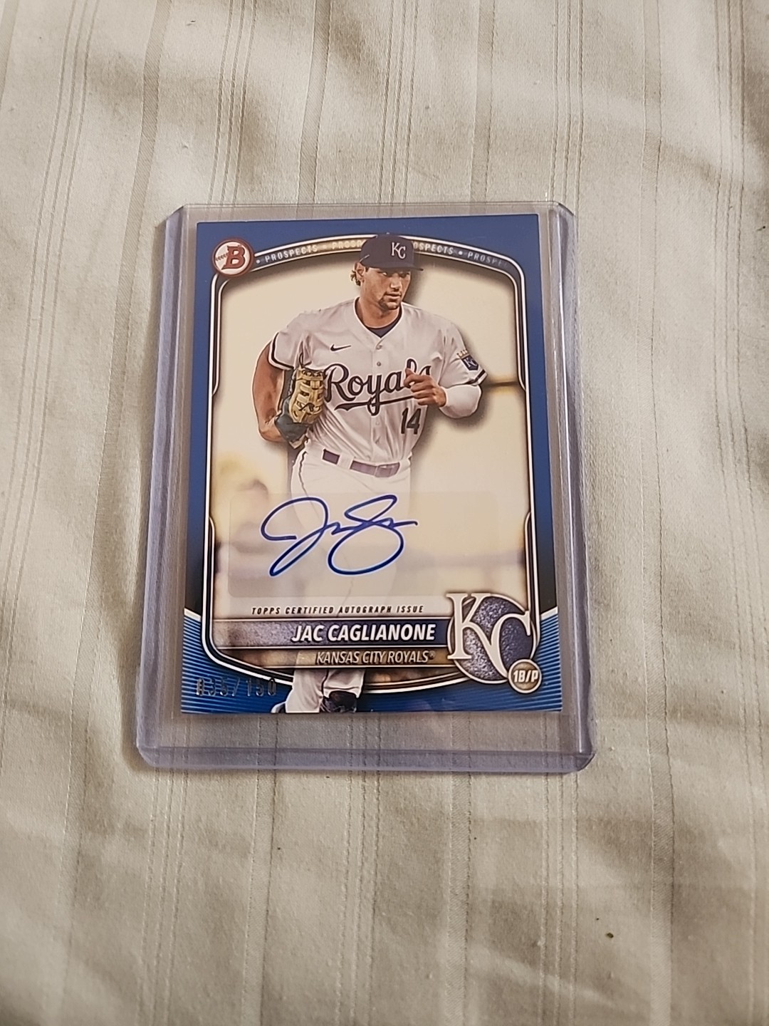 2025 Bowman Jac Caglianone Prospects Blue Paper Auto #BPA-JC….#’d 35/150!!!!