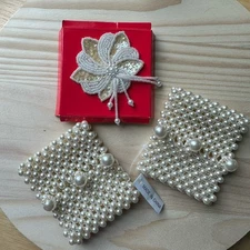 Vintage Faux Pearls Jeweled Cuffs For Dress Top + Brooch Elegant Classic NOS