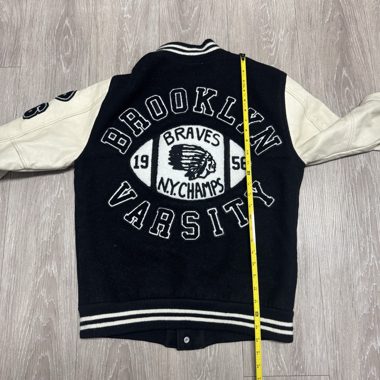 True Religion Varsity Jacket Brooklyn Patch Logo Black White Men's Medium Button thumbnail 7