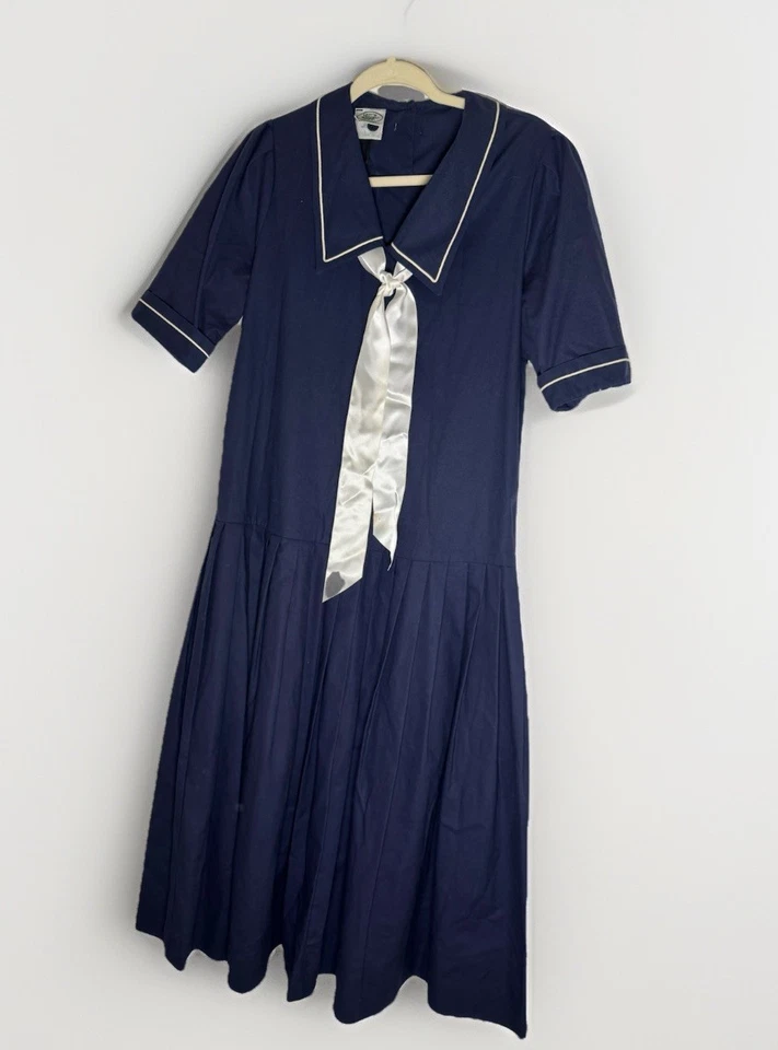 Vestido vintage años 80 Laura Ashley azul marinero náutico fiesta del té ee. uu. 10 plisado Foto 4 de 4