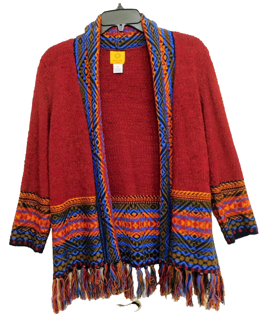 Ruby Rd. Women's Rust Orange Aztec Fringed Open Cardigan Sweater - Size PL