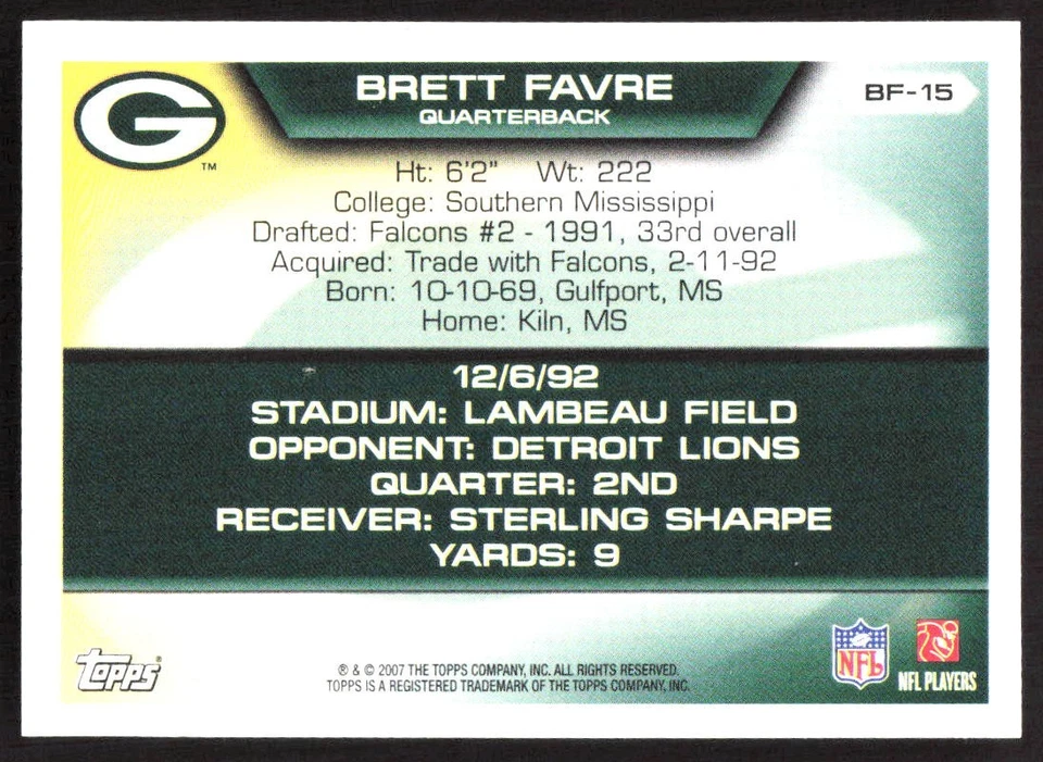 6803H 2007 Topps #BF-12 Brett Favre Brett Favre Collection - Image 2 of 2