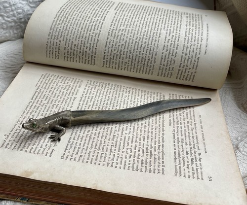 Antique Victorian English Horn & Silver Plated Figural Lizard Letter Opener