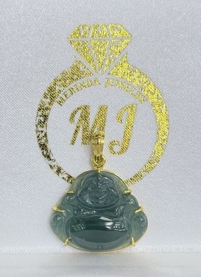 14K Gold Natürlicher Eisblau Wasser Jade Jadeit Glücklicher Glücksbuddha Charm Anhänger.