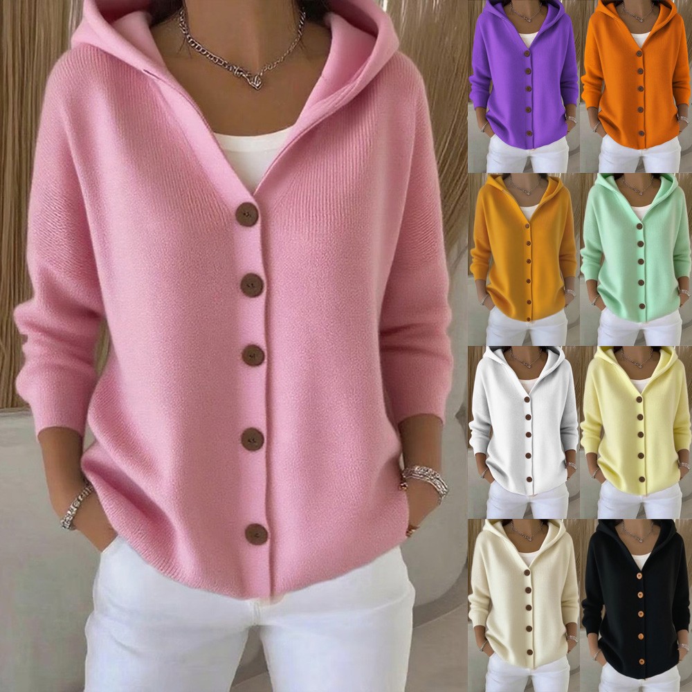 UK Casual Womens Loose Coat Cardigan Button Knitted Jumper Hooded