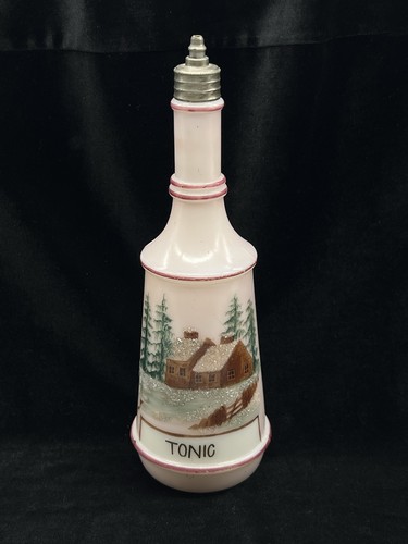 Antique Whitall Tatum Co. Milk Glass Tonic Barber Bottle Handpainted—9.5”