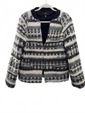 MNG Mango Black White knit Plaid striped Long Sleeve Open Blazer Jacket Size M