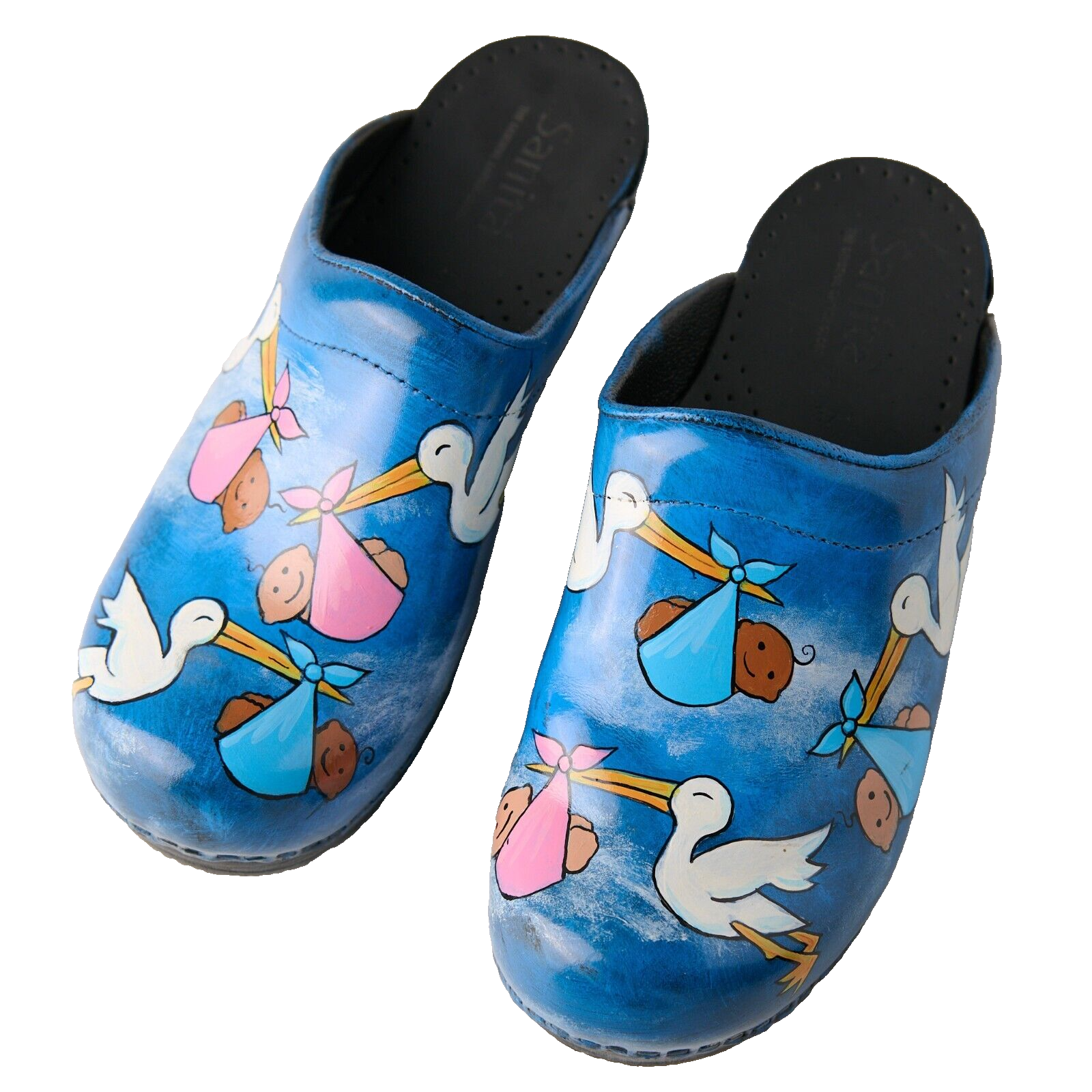 Sanita Hand Painted Stork Baby Clogs Sz 37 EU Nurse RN Midwife Shoes Denmark