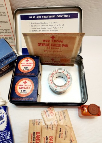 Vintage Johnson & Johnson First Aid Kit Metal Box With Bandaids Gauze And More! - Picture 2 of 10