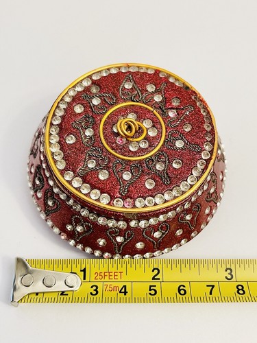 Vintage Ornate Hand Crafted Gold Enamel Rhinestone Red Jewelry Trinket Pill Box - Picture 7 of 7