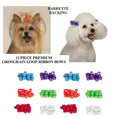 12 GROSGRAIN LOOP CURLED RIBBON HAIR BOW w/ BARRETTE CLIP Dog Grooming Top Knot