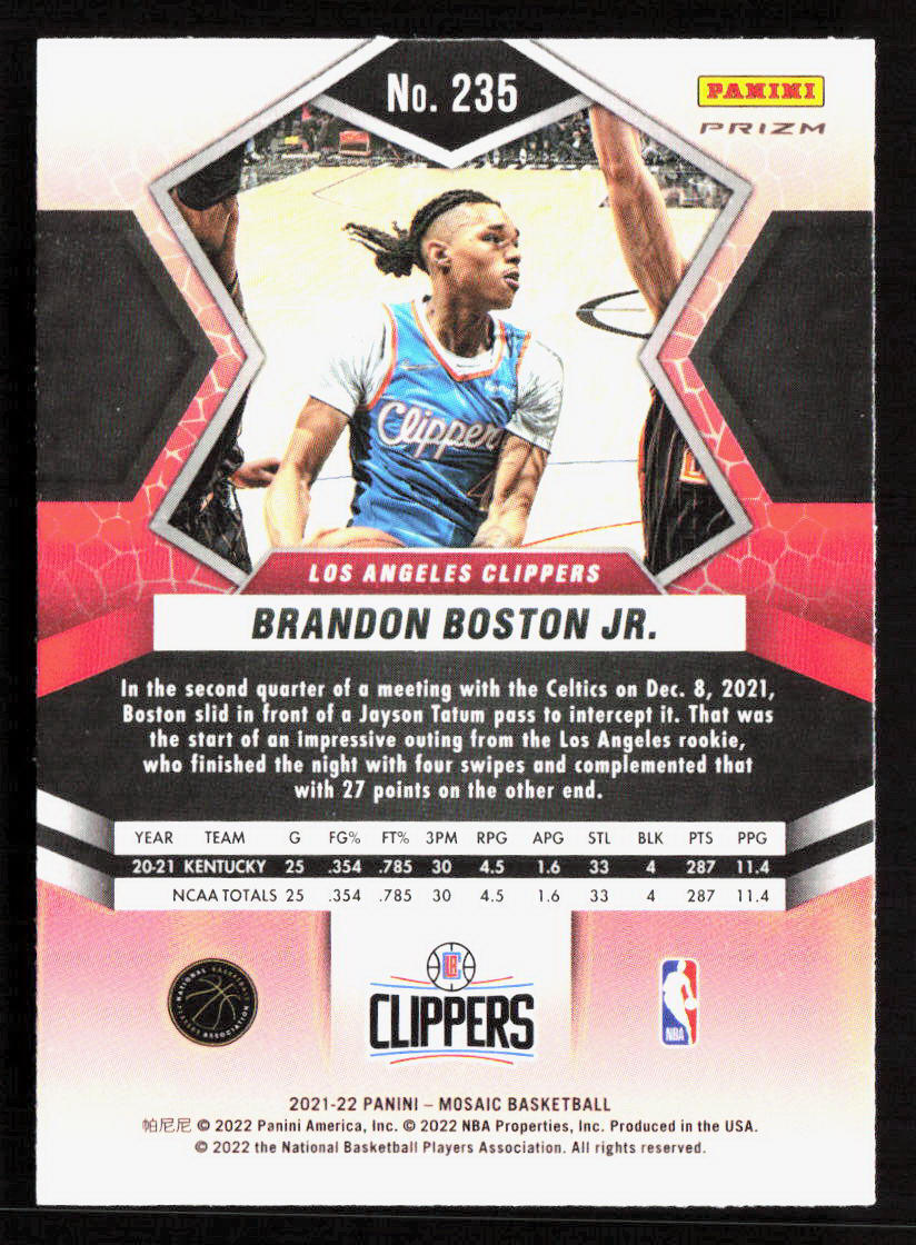 2021 Panini Mosaic Brandon Boston Jr Red Prizm Rookie Card RC 235 