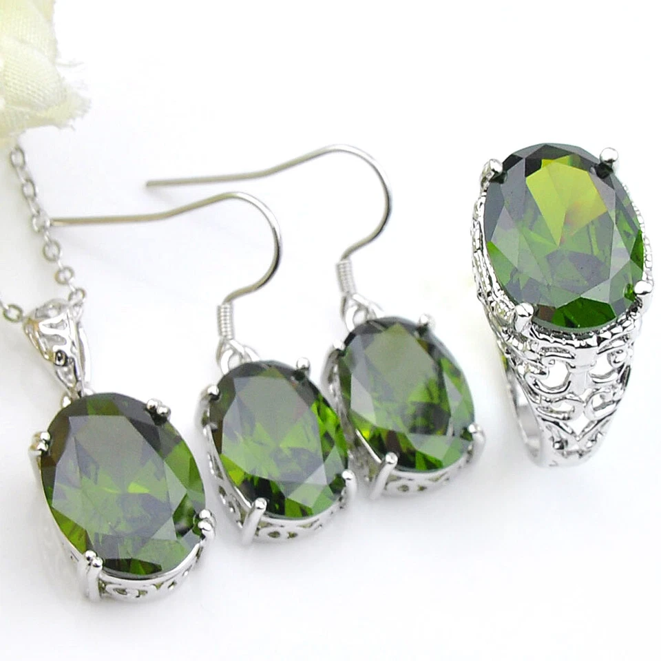 Ovalado Clásico Cuarzo Verde Plata Anillos Colgantes Collares Pendientes Juegos de Joyería Foto 3 de 4