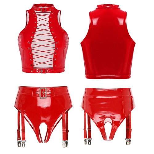 UK Womens Patent Leather Set Sleeveless Lace-up Front Crop Top with Underwear - Picture 4 of 45