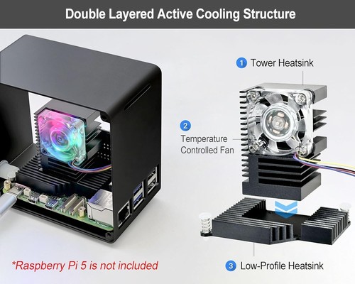 ElectroCookie Raspberry Pi 5 Case, Aluminum Mini Tower Case With Cooling Fan And - Afbeelding 2 van 8