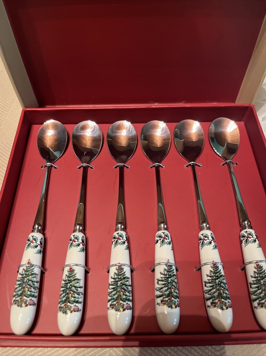 Spode Christmas Tree Porcelain Stainless Steel Inch Teaspoons, Set of