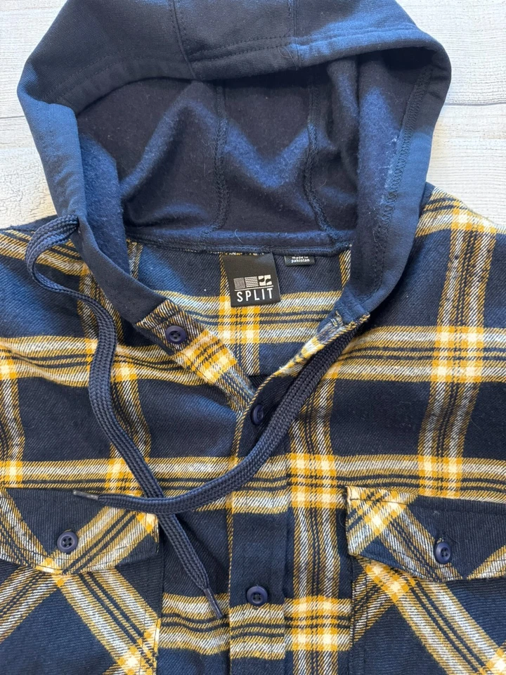 Split Hooded Flannel Shirt Mens Large Blue Plaid Everyday Outdoor Layering - Image 2 of 4