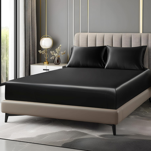 Satin Fitted Sheet and Pillowcases Set, Luxury Soft Similar to Silk Bottom Bed S