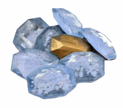 Glass Hexagon Blue Quartz Foiled Faceted Cabochon 18 X 12 mm Vintage