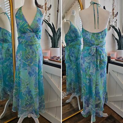 Vtg 90s/Y2K Dressbarn Women's 10 Blue Floral Flowy Halter Dress