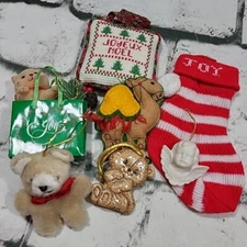 Vintage Christmas Ornaments Assorted Lot Of 7 Stocking Teddy Bear Camel Noel 