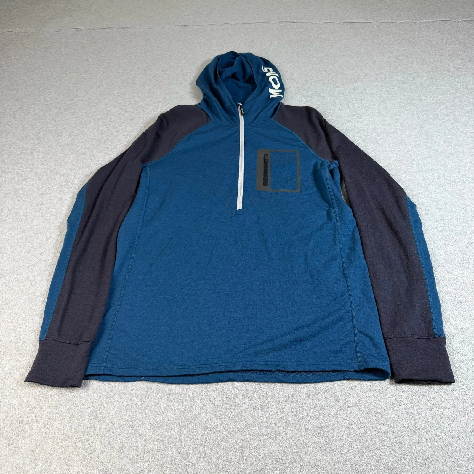 Mons Royale Merino Hoodie Mens Large Blue 1/2 Zip Base Layer Wool Ski Hike Cycle