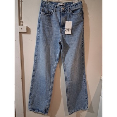 Zara Straight Full Length Jeans Light Blue High Rise Raw Hem USA 4 EUR 36 NEW