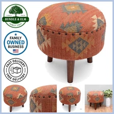 Handmade Kilim Jute Pouf Ottoman Wooden Seat 16in Living Bedroom Decor