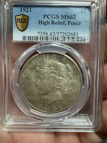 1921 P Peace Silver Dollar PCGS MS62 High Relief Key Date Big Luster Gold Shield