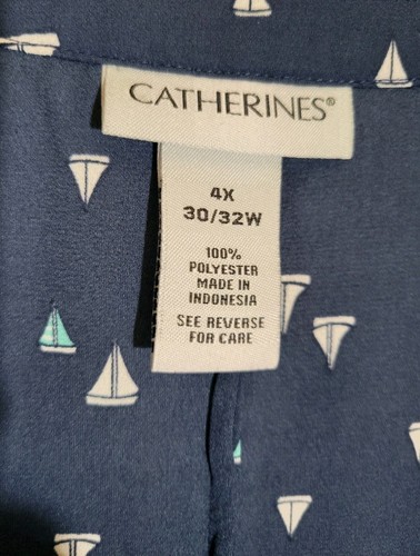 Catherines Top Plus 4X Navy Blue Sailboat Print Roll-Tab 3/4 Sleeves Semi Sheer - Picture 4 of 4