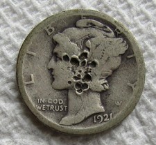 1921-D Mercury Winged Liberty Silver Dime Rare Key Date Denver Mint Bent Damaged