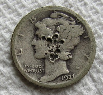 1921-D Mercury Winged Liberty Silver Dime Rare Key Date Denver Mint Bent Damaged