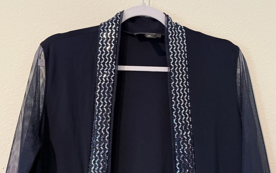 R&M Richard's Mujer Azul Marino Lentejuelas Formal Noche Malla Chaqueta Plumero Fiesta Abrigo Foto 2 de 4