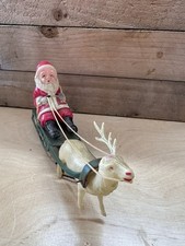 Vintage Mechanical Celluloid Santa on Sleigh Bell with Reindeer 1940 s READ