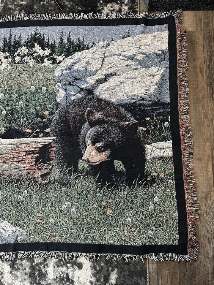 Manta vintage tapiz flecos osos negros bordada naturaleza 49x69 Foto 4 de 4