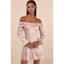 Lulus Truly Yours Satin Jacquard Off Shoulder Dress Blush Pink Size M NWT