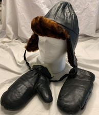 Vintage Leather Trapper Aviator Hat Mitts Very Old