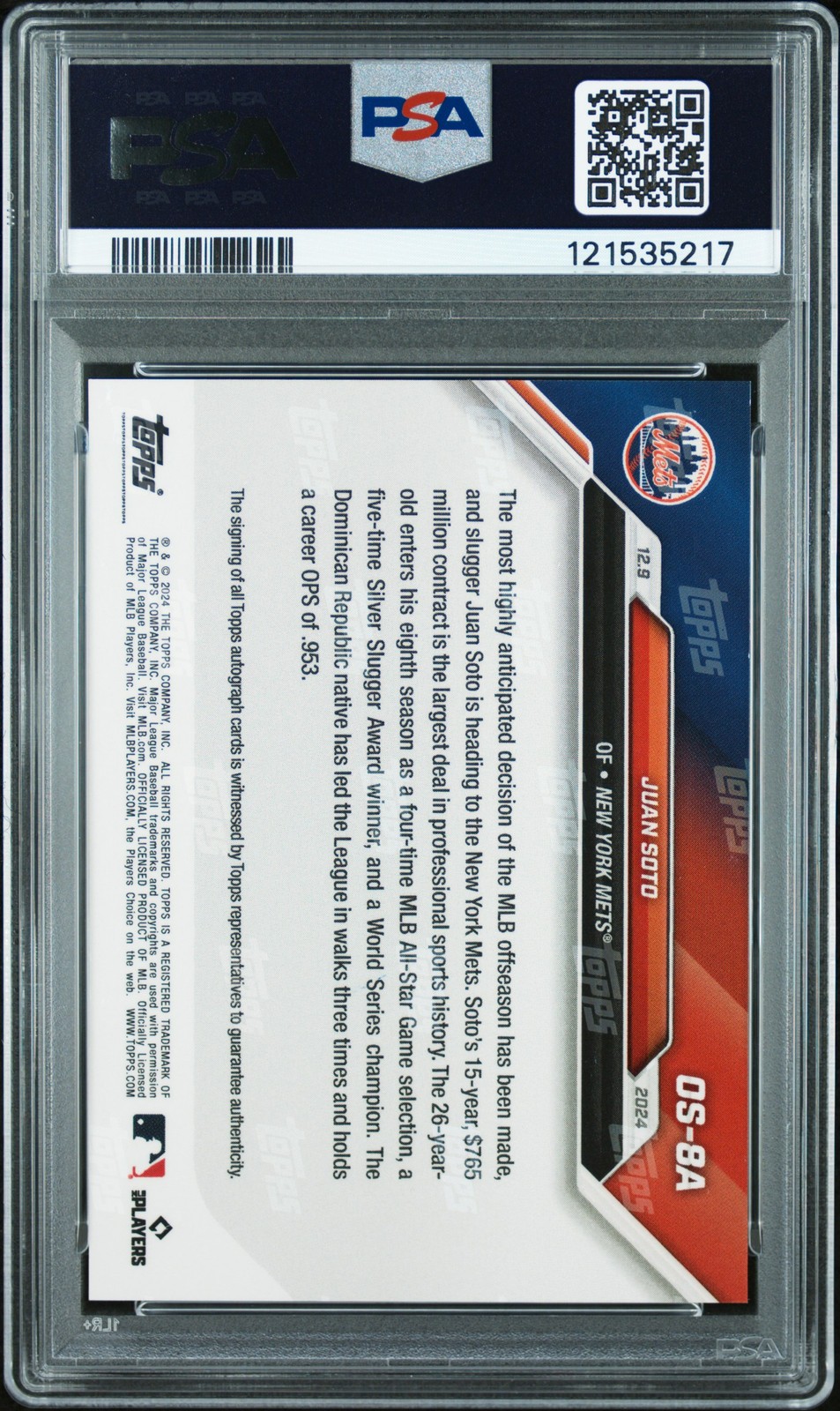 2024 TOPPS NOW OFFSEASON AUTO #OS8A JUAN SOTO 10/10 PSA 10 DNA AUTO 9 view 2